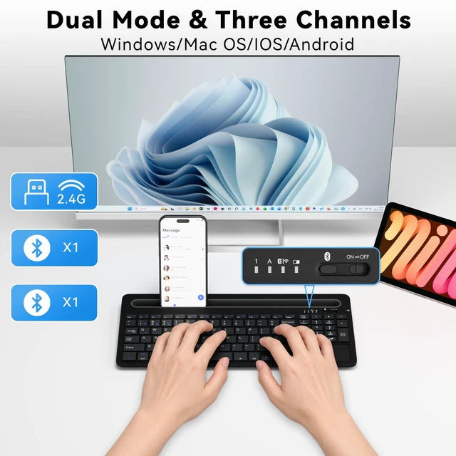 Alt view image 5 of 7 - Multi-Device Wireless Keyboard with Silicone Stand & Touchpad Black | 3-Mode Bluetooth Keyboard for Tablet/Phone/Laptop, Silent Scissor Keys,Micro-USB Rechargeable