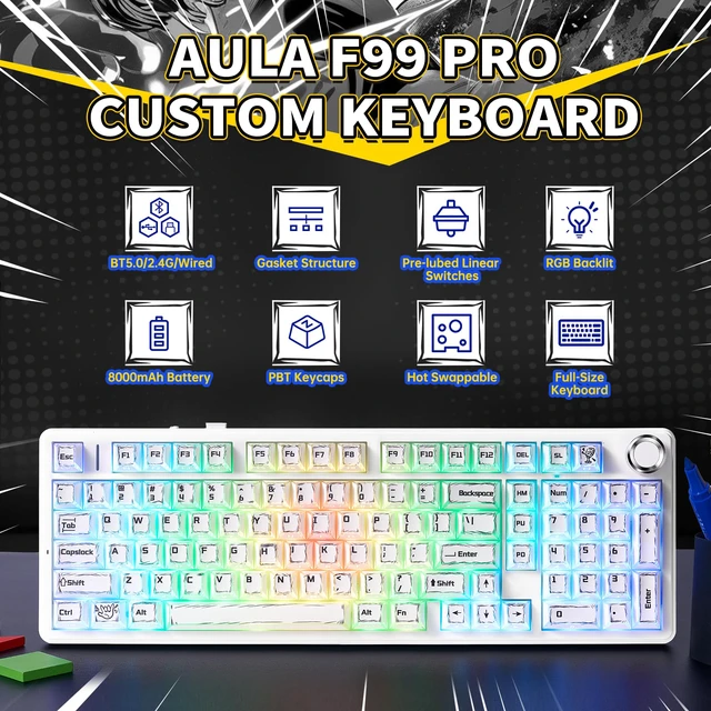 Alt view image 2 of 7 - X Aula Wireless Mechanical Keyboard 8000mAh Creamy Gaming Keyboards | Luminous Letters,Multifunction Metal Knob,Hot Swappable Custom,RGB Backlit,Tri-Mode BT/USB-C/2.4GHz,PBT Keycaps,Full Size