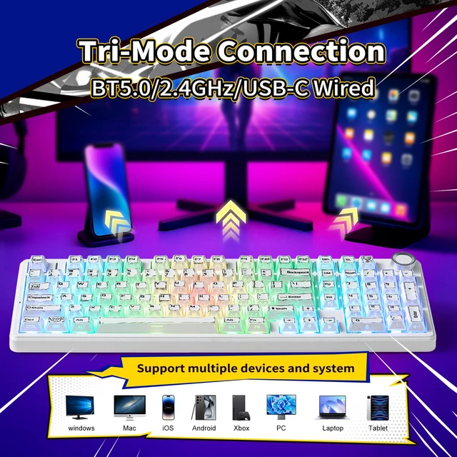 Alt view image 3 of 7 - X Aula Wireless Mechanical Keyboard 8000mAh Creamy Gaming Keyboards | Luminous Letters,Multifunction Metal Knob,Hot Swappable Custom,RGB Backlit,Tri-Mode BT/USB-C/2.4GHz,PBT Keycaps,Full Size