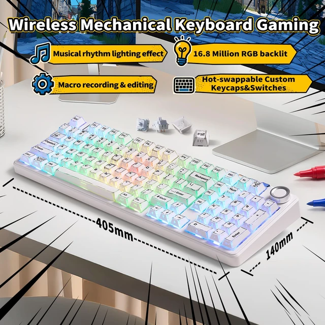 Alt view image 4 of 7 - X Aula Wireless Mechanical Keyboard 8000mAh Creamy Gaming Keyboards | Luminous Letters,Multifunction Metal Knob,Hot Swappable Custom,RGB Backlit,Tri-Mode BT/USB-C/2.4GHz,PBT Keycaps,Full Size