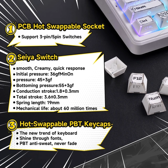 Alt view image 7 of 7 - X Aula Wireless Mechanical Keyboard 8000mAh Creamy Gaming Keyboards | Luminous Letters,Multifunction Metal Knob,Hot Swappable Custom,RGB Backlit,Tri-Mode BT/USB-C/2.4GHz,PBT Keycaps,Full Size
