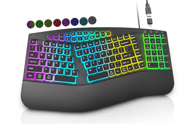 Main image of Wired Ergonomic Split Keyboard with RGB Backlight & Numpad, Black | Wrist Rest, 3 Typing Angles, 17 Light Modes, 5 Brightness Levels, Full Size, for Windows/Mac, USB-A Port with USB-C adapter
