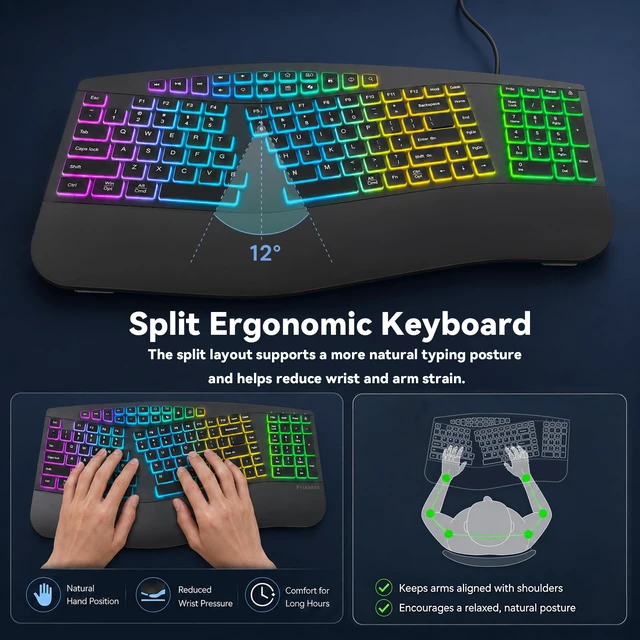 Alt view image 2 of 7 - Wired Ergonomic Split Keyboard with RGB Backlight & Numpad, Black | Wrist Rest, 3 Typing Angles, 17 Light Modes, 5 Brightness Levels, Full Size, for Windows/Mac, USB-A Port with USB-C adapter