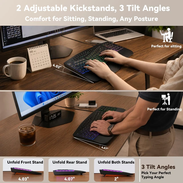 Alt view image 4 of 7 - Wired Ergonomic Split Keyboard with RGB Backlight & Numpad, Black | Wrist Rest, 3 Typing Angles, 17 Light Modes, 5 Brightness Levels, Full Size, for Windows/Mac, USB-A Port with USB-C adapter