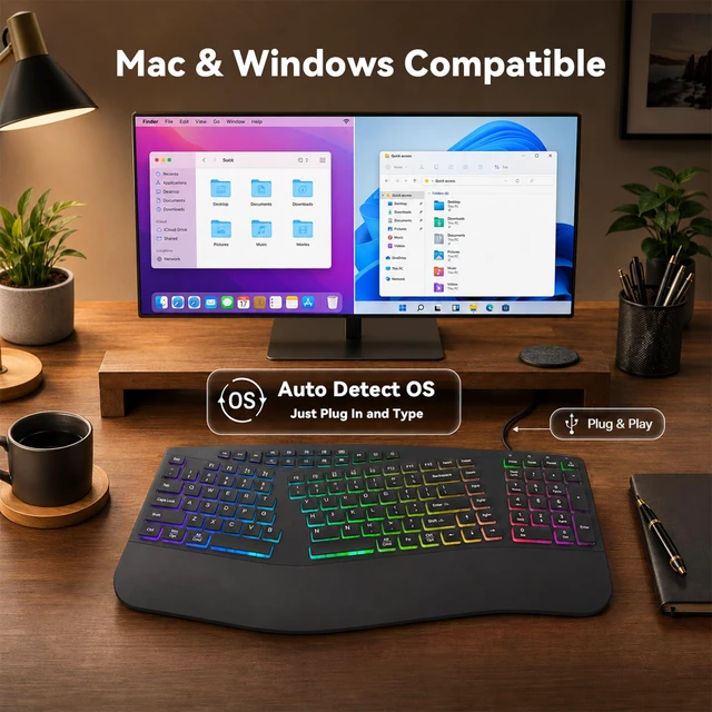 Alt view image 5 of 7 - Wired Ergonomic Split Keyboard with RGB Backlight & Numpad, Black | Wrist Rest, 3 Typing Angles, 17 Light Modes, 5 Brightness Levels, Full Size, for Windows/Mac, USB-A Port with USB-C adapter
