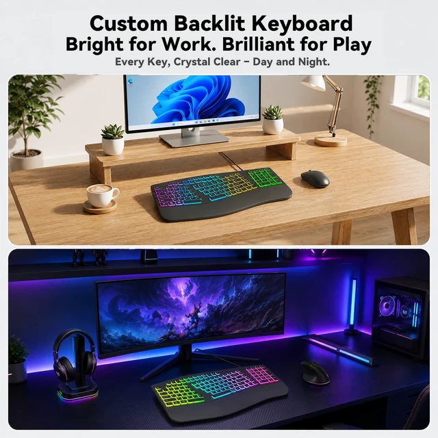Alt view image 7 of 7 - Wired Ergonomic Split Keyboard with RGB Backlight & Numpad, Black | Wrist Rest, 3 Typing Angles, 17 Light Modes, 5 Brightness Levels, Full Size, for Windows/Mac, USB-A Port with USB-C adapter