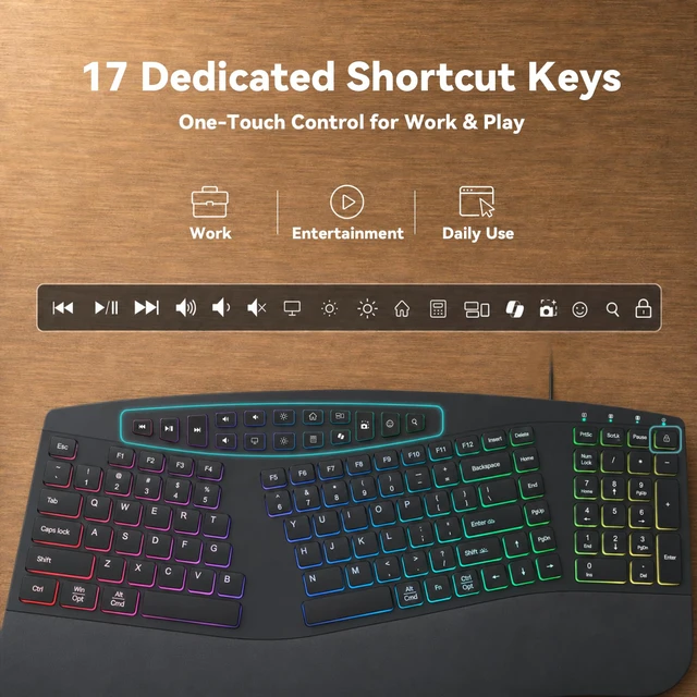 Alt view image 6 of 7 - Wired Ergonomic Split Keyboard with RGB Backlight & Numpad, Black | Wrist Rest, 3 Typing Angles, 17 Light Modes, 5 Brightness Levels, Full Size, for Windows/Mac, USB-A Port with USB-C adapter