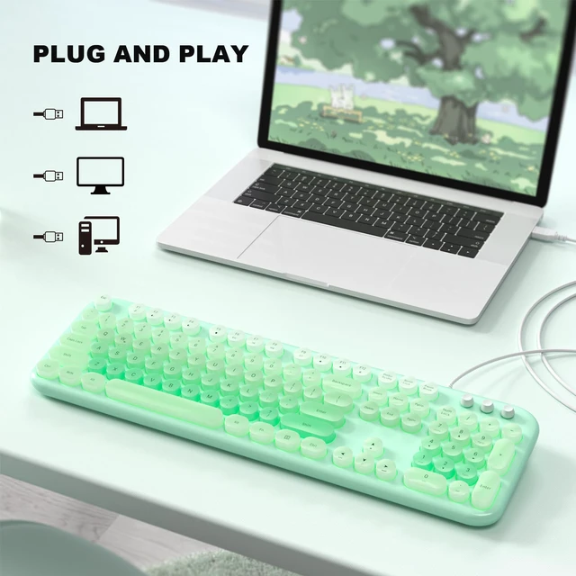 Alt view image 2 of 7 - Computer Keyboard Wired, Plug and Play USB Retro Round Typewriter Keyboard, Full Size Wired Keyboard with Foldable Stands for Laptop and Office PC- LED Backlit Green