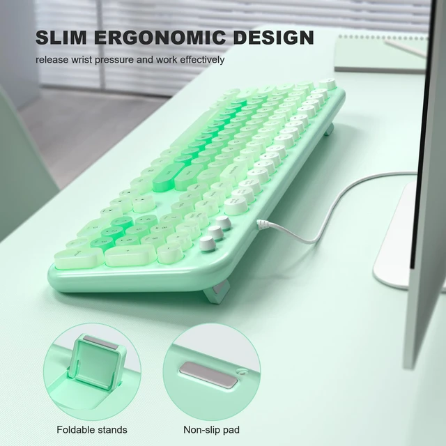 Alt view image 5 of 7 - Computer Keyboard Wired, Plug and Play USB Retro Round Typewriter Keyboard, Full Size Wired Keyboard with Foldable Stands for Laptop and Office PC- LED Backlit Green