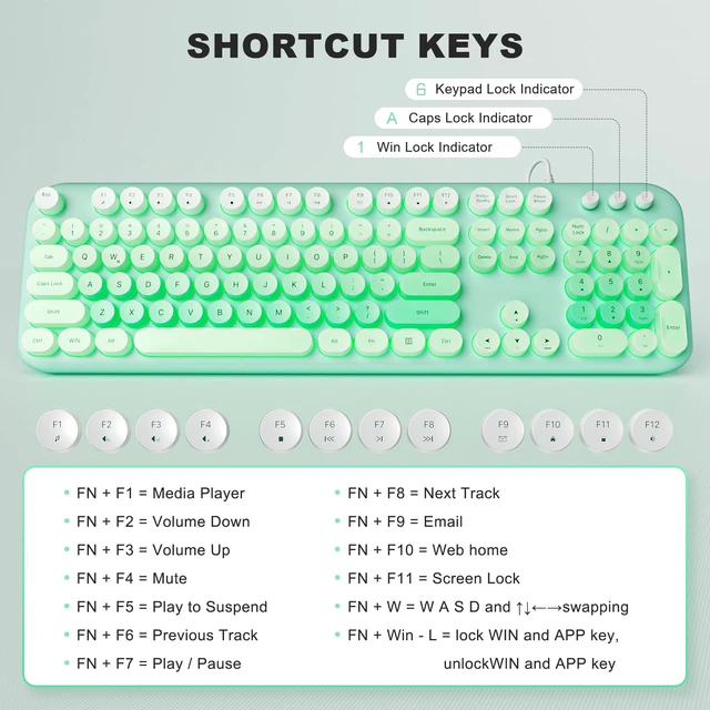 Alt view image 6 of 7 - Computer Keyboard Wired, Plug and Play USB Retro Round Typewriter Keyboard, Full Size Wired Keyboard with Foldable Stands for Laptop and Office PC- LED Backlit Green