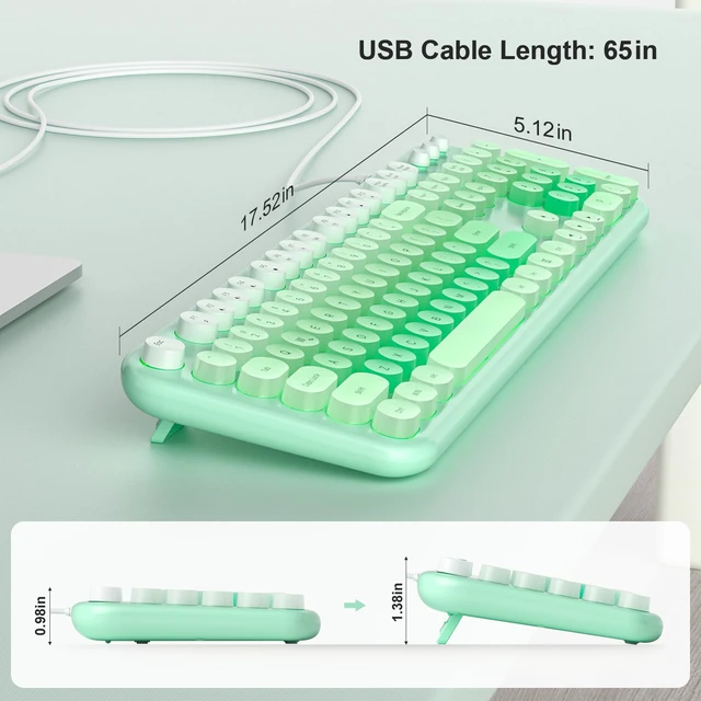Alt view image 7 of 7 - Computer Keyboard Wired, Plug and Play USB Retro Round Typewriter Keyboard, Full Size Wired Keyboard with Foldable Stands for Laptop and Office PC- LED Backlit Green