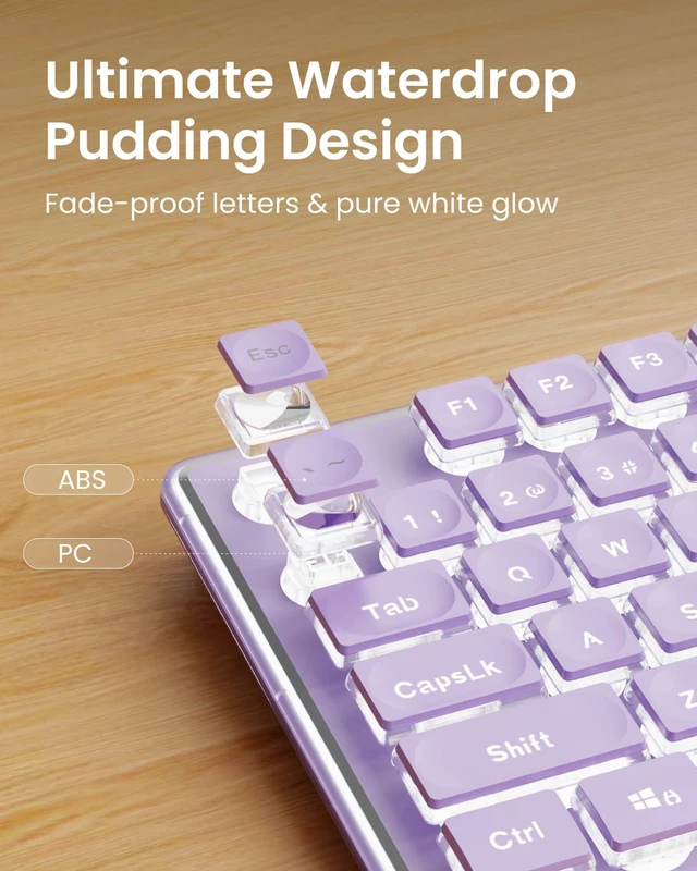 Alt view image 2 of 7 - Wired Keyboard with White Backlight Pudding Keycaps, Full Size, Purple | Quiet Computer Keyboard Easy-to-Read, Never Fade, Metal Panel, USB Cute Desk Setup for Windows PC Desktop, EWEADN