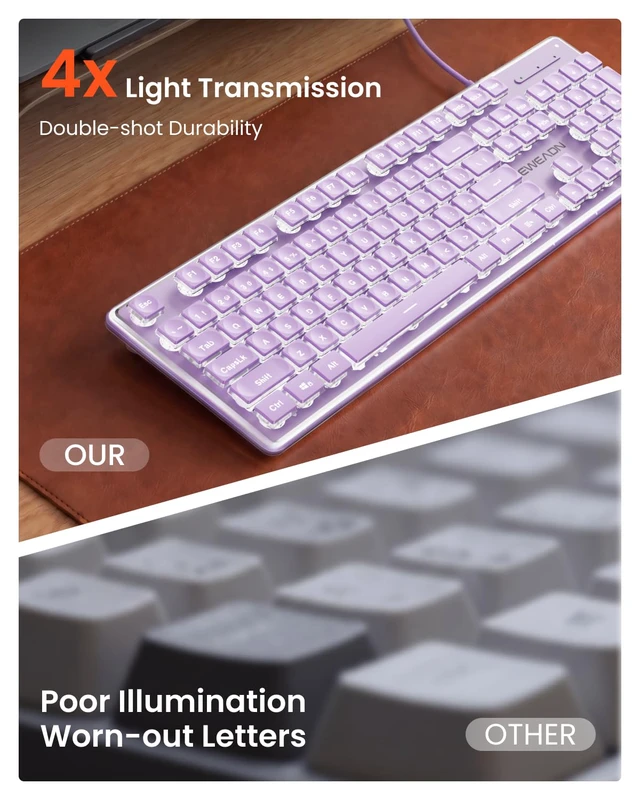Alt view image 3 of 7 - Wired Keyboard with White Backlight Pudding Keycaps, Full Size, Purple | Quiet Computer Keyboard Easy-to-Read, Never Fade, Metal Panel, USB Cute Desk Setup for Windows PC Desktop, EWEADN
