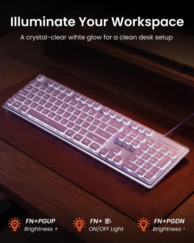 Alt view image 4 of 7 - Wired Keyboard with White Backlight Pudding Keycaps, Full Size, Purple | Quiet Computer Keyboard Easy-to-Read, Never Fade, Metal Panel, USB Cute Desk Setup for Windows PC Desktop, EWEADN