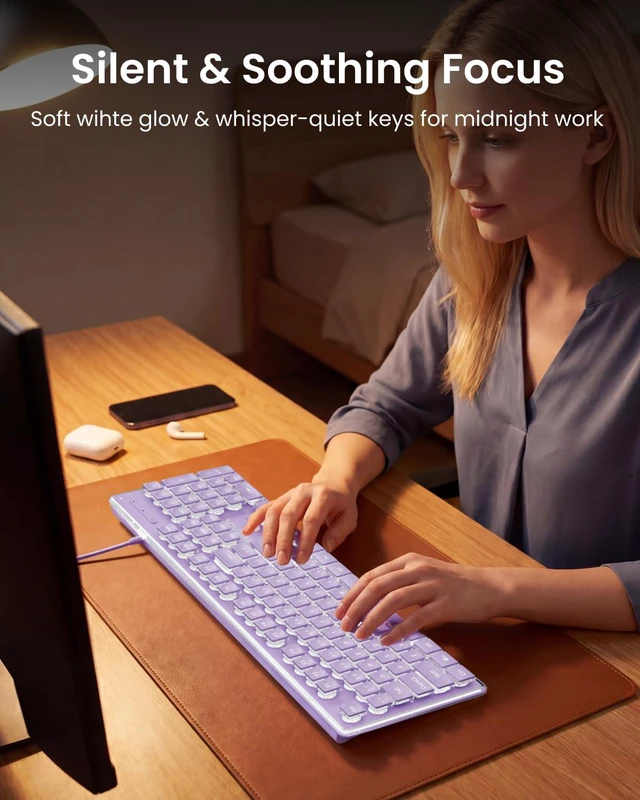 Alt view image 5 of 7 - Wired Keyboard with White Backlight Pudding Keycaps, Full Size, Purple | Quiet Computer Keyboard Easy-to-Read, Never Fade, Metal Panel, USB Cute Desk Setup for Windows PC Desktop, EWEADN