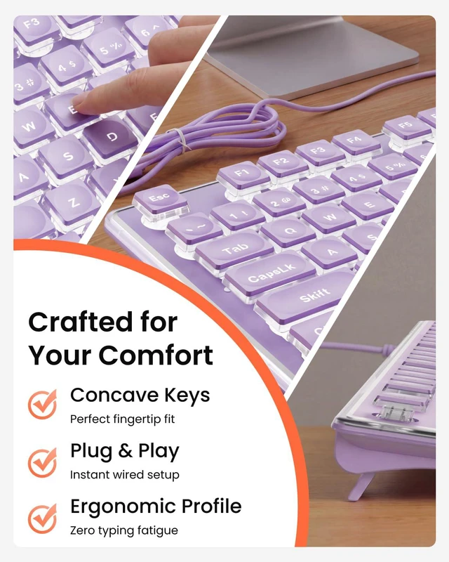 Alt view image 6 of 7 - Wired Keyboard with White Backlight Pudding Keycaps, Full Size, Purple | Quiet Computer Keyboard Easy-to-Read, Never Fade, Metal Panel, USB Cute Desk Setup for Windows PC Desktop, EWEADN