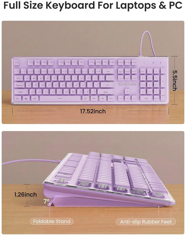 Alt view image 7 of 7 - Wired Keyboard with White Backlight Pudding Keycaps, Full Size, Purple | Quiet Computer Keyboard Easy-to-Read, Never Fade, Metal Panel, USB Cute Desk Setup for Windows PC Desktop, EWEADN