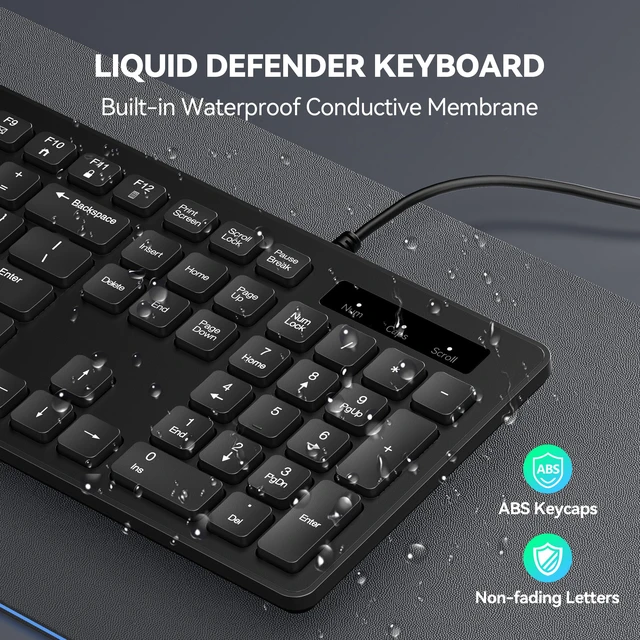 Alt view image 4 of 7 - Wired Keyboard, Silent Typing, Full-Size Layout, Black | Spill-Resistant Design, USB-A Plug & Play, Slim Membrane Keys, Office Ready, PC, Laptop & Mac Compatible