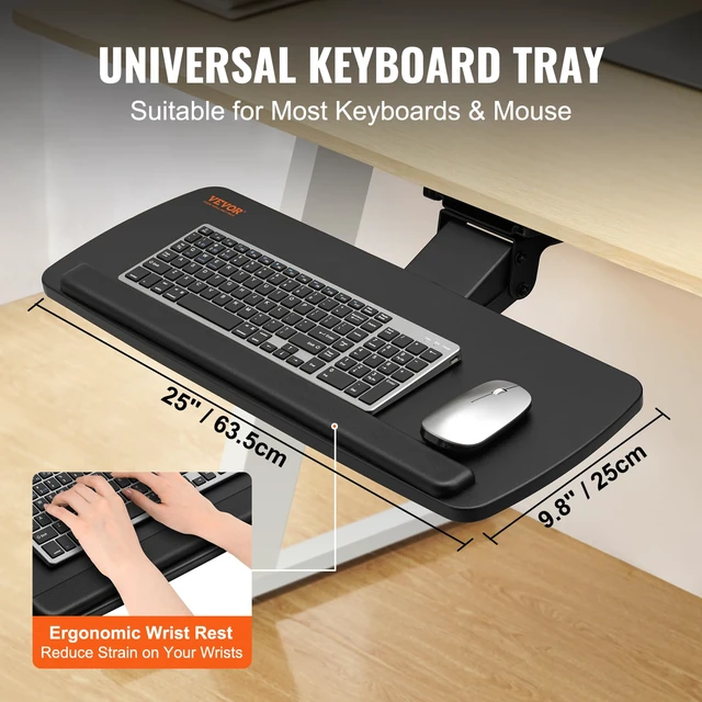 Alt view image 3 of 7 - Under-Desk Keyboard Tray, Adjustable for Height and Tilt, Slide-Out Design, Spacious 25x9.8 Inch Surface, Ideal for Home and Office Use