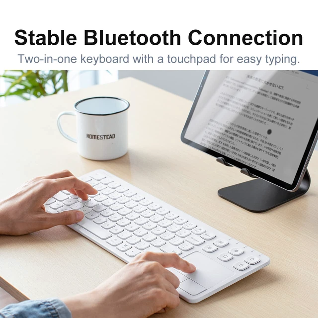 Alt view image 4 of 7 - Bluetooth Keyboard with Trackpad, 3-Devices HTPC Keyboard, White | Wireless Touchpad Keyboard, Media Control, QWERTY, Scissor-Structure Keys, Portable Keyboard for PC/Laptop/Tablet, Win/Mac