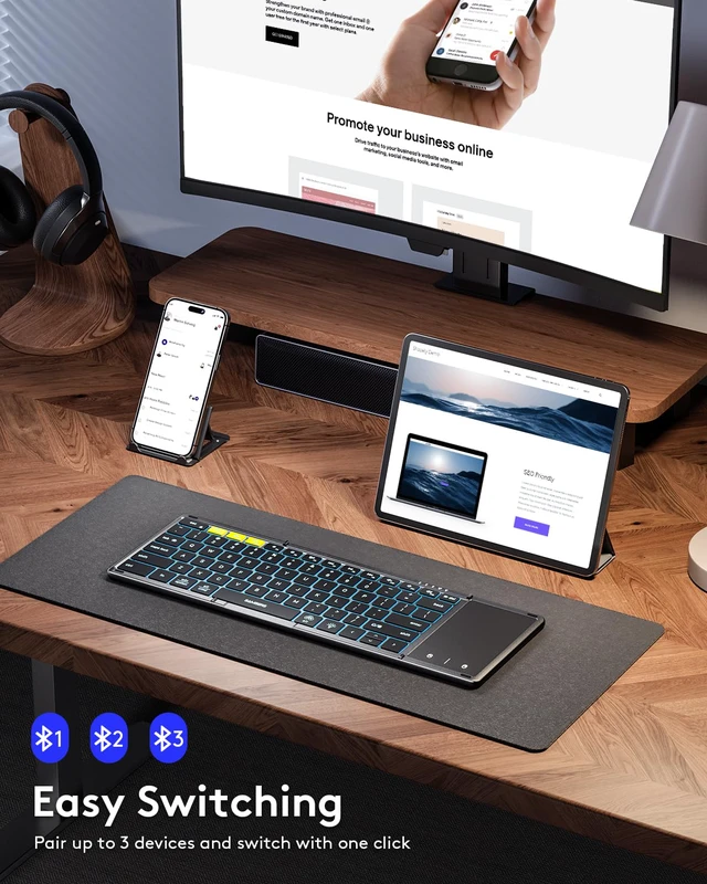 Alt view image 2 of 7 - Full-Size Backlit Foldable Bluetooth Keyboard with Touchpad, Gray | 7-color illuminated, BT5.1 x 3, Multi-touch Trackpad, PU Leather Cover, Phone Holder, Mouse click, Velvet bag, Mobile Work