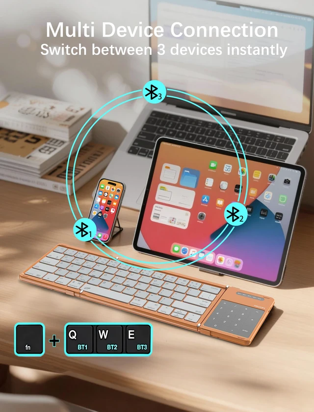 Alt view image 3 of 7 - Cube Pocket Upgraded Foldable Keyboard with Touchpad & Number Pad | Bluetooth Wireless Keyboard, Travel-friendly, Pocket-Sized, Full Size Keys, Support 3 Devices for iPad Laptop Phone, Orange