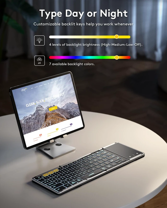 Alt view image 3 of 7 - Full-Size Backlit Foldable Bluetooth Keyboard with Touchpad, Gray | 7-color illuminated, BT5.1 x 3, Multi-touch Trackpad, PU Leather Cover, Phone Holder, Mouse click, Velvet bag, Mobile Work