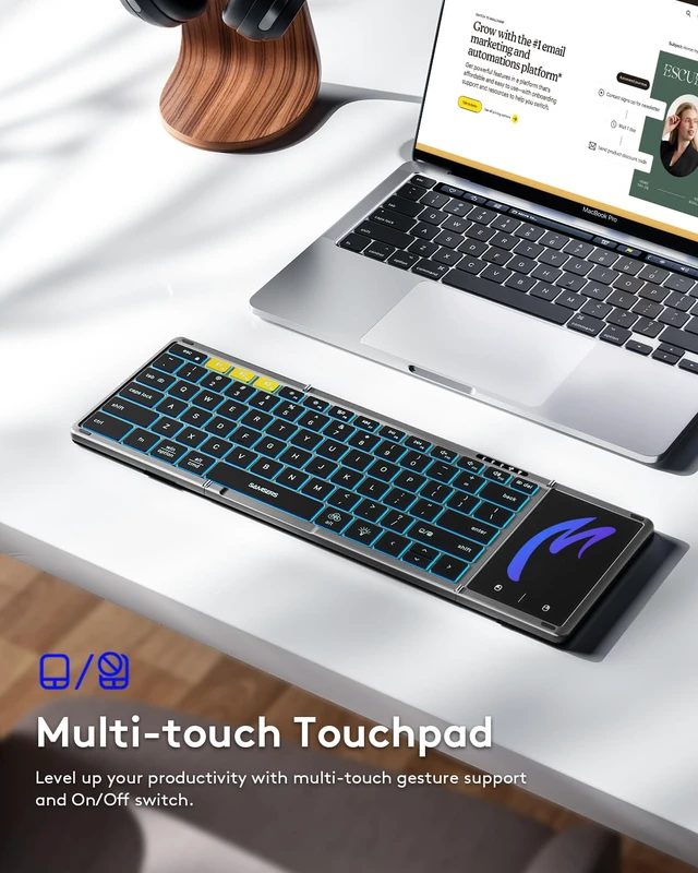 Alt view image 4 of 7 - Full-Size Backlit Foldable Bluetooth Keyboard with Touchpad, Gray | 7-color illuminated, BT5.1 x 3, Multi-touch Trackpad, PU Leather Cover, Phone Holder, Mouse click, Velvet bag, Mobile Work