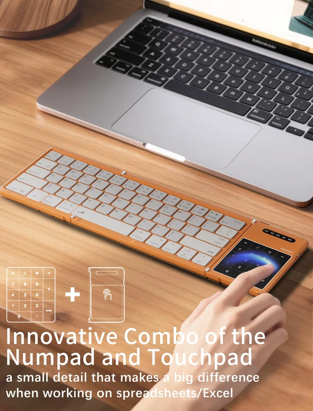 Alt view image 2 of 7 - Cube Pocket Upgraded Foldable Keyboard with Touchpad & Number Pad | Bluetooth Wireless Keyboard, Travel-friendly, Pocket-Sized, Full Size Keys, Support 3 Devices for iPad Laptop Phone, Orange