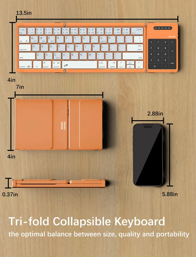 Alt view image 4 of 7 - Cube Pocket Upgraded Foldable Keyboard with Touchpad & Number Pad | Bluetooth Wireless Keyboard, Travel-friendly, Pocket-Sized, Full Size Keys, Support 3 Devices for iPad Laptop Phone, Orange
