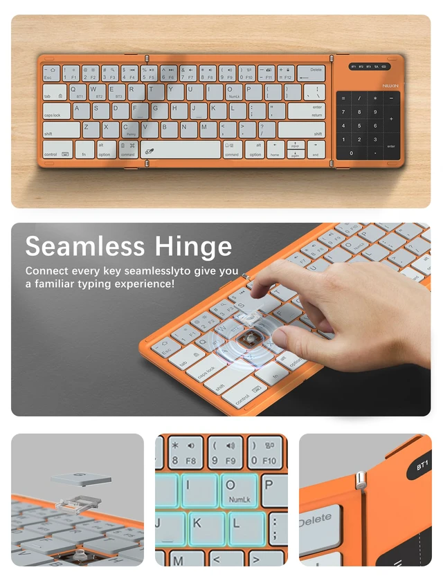 Alt view image 7 of 7 - Cube Pocket Upgraded Foldable Keyboard with Touchpad & Number Pad | Bluetooth Wireless Keyboard, Travel-friendly, Pocket-Sized, Full Size Keys, Support 3 Devices for iPad Laptop Phone, Orange