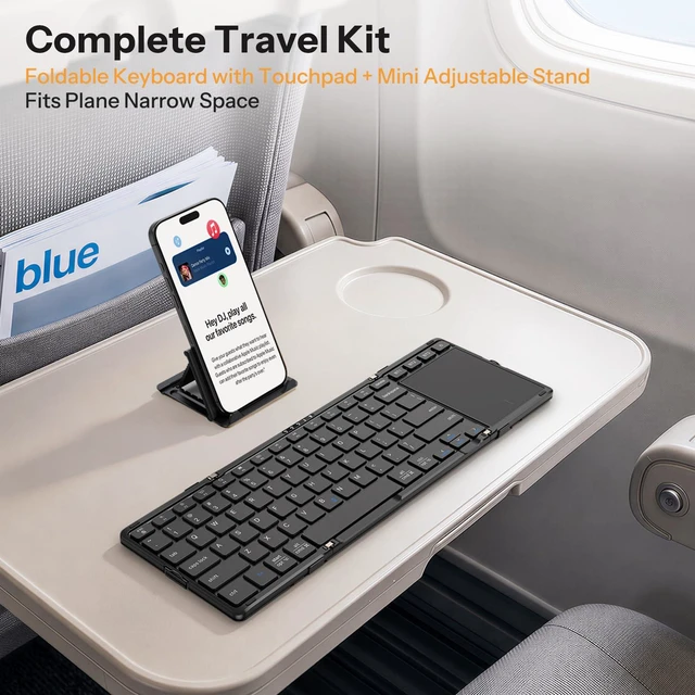 Alt view image 2 of 7 - Foldable Keyboard with Touchpad for iPad, Tablets, Laptop | Rechargeable, 3 Bluetooth Channel, Pocket-Size, Folding Stand, BK005 Trackpad Keyboard, Anti-Slip Leather Cover, Black