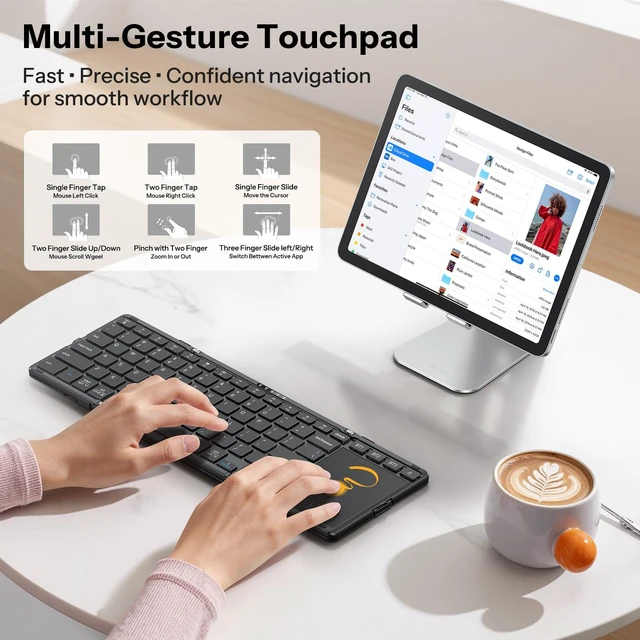 Alt view image 3 of 7 - Foldable Keyboard with Touchpad for iPad, Tablets, Laptop | Rechargeable, 3 Bluetooth Channel, Pocket-Size, Folding Stand, BK005 Trackpad Keyboard, Anti-Slip Leather Cover, Black