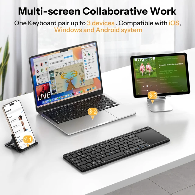 Alt view image 4 of 7 - Foldable Keyboard with Touchpad for iPad, Tablets, Laptop | Rechargeable, 3 Bluetooth Channel, Pocket-Size, Folding Stand, BK005 Trackpad Keyboard, Anti-Slip Leather Cover, Black