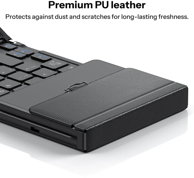 Alt view image 5 of 7 - Foldable Keyboard with Touchpad for iPad, Tablets, Laptop | Rechargeable, 3 Bluetooth Channel, Pocket-Size, Folding Stand, BK005 Trackpad Keyboard, Anti-Slip Leather Cover, Black