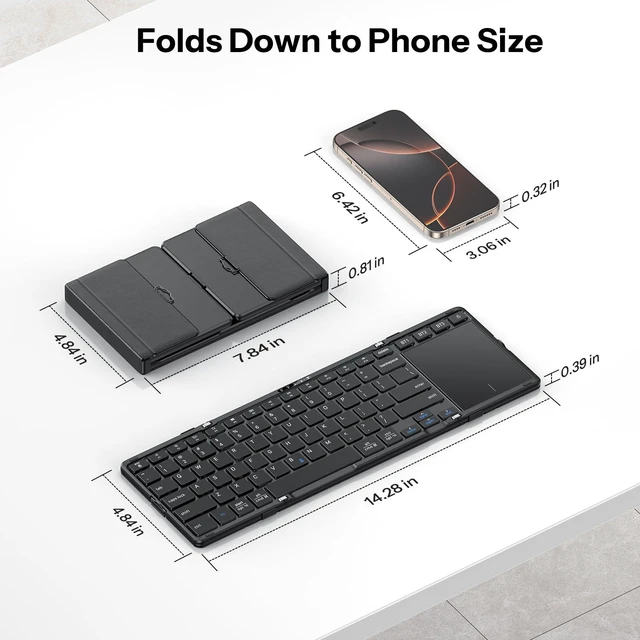 Alt view image 7 of 7 - Foldable Keyboard with Touchpad for iPad, Tablets, Laptop | Rechargeable, 3 Bluetooth Channel, Pocket-Size, Folding Stand, BK005 Trackpad Keyboard, Anti-Slip Leather Cover, Black