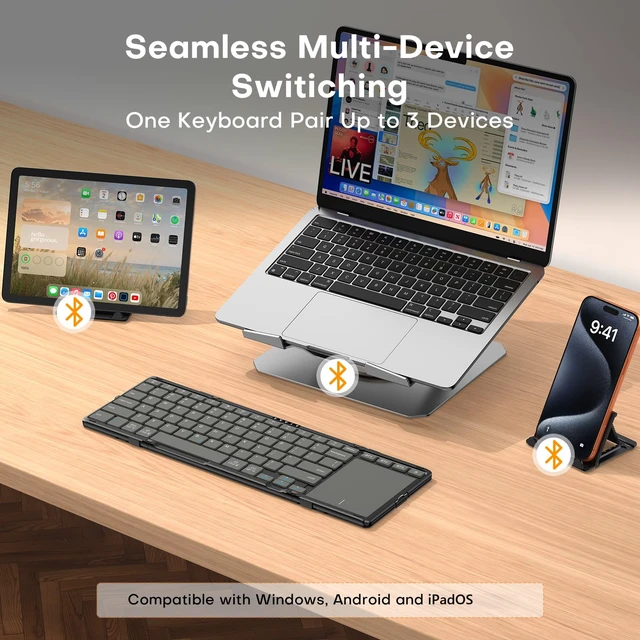 Alt view image 2 of 7 - Foldable Bluetooth Keyboard with Trackpad for Windows/Android/iPadOS | Portable Folding Wireless Keyboard, Multi-Device Bluetooth Switching, USB-C Charging, Storage Bag, On-the-Go, Graphite Gray