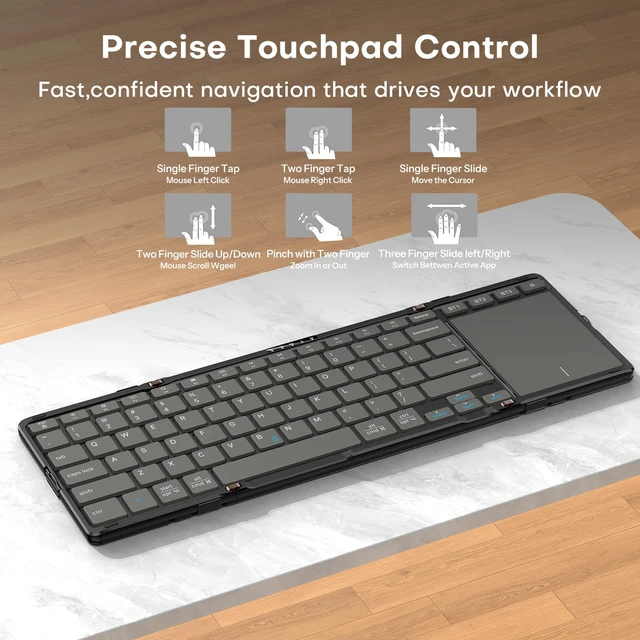 Alt view image 4 of 7 - Foldable Bluetooth Keyboard with Trackpad for Windows/Android/iPadOS | Portable Folding Wireless Keyboard, Multi-Device Bluetooth Switching, USB-C Charging, Storage Bag, On-the-Go, Graphite Gray