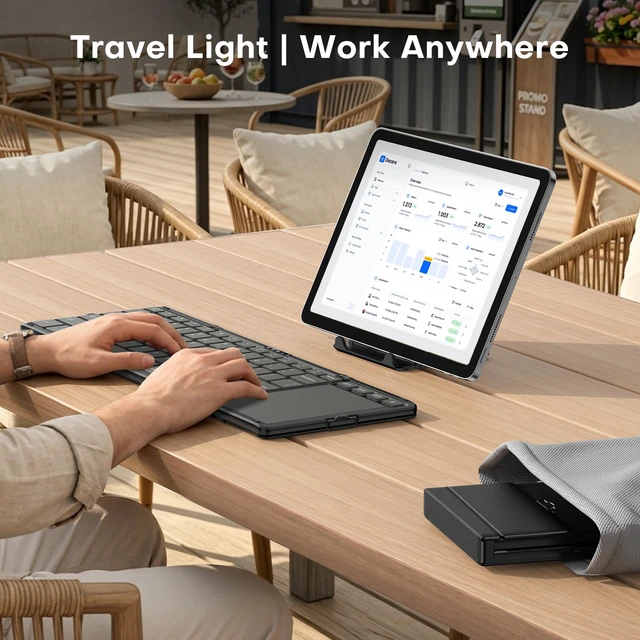 Alt view image 7 of 7 - Foldable Bluetooth Keyboard with Trackpad for Windows/Android/iPadOS | Portable Folding Wireless Keyboard, Multi-Device Bluetooth Switching, USB-C Charging, Storage Bag, On-the-Go, Graphite Gray