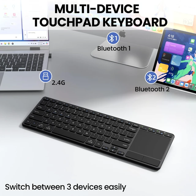Alt view image 2 of 7 - Rechargeable Wireless Keyboard with Touchpad-QWERTY | Multi-Device Computer Keyboard with Trackpad 2.4G and Bluetooth Wireless Touch TV Keyboard for PC/Laptop/Tablet/Smart TV