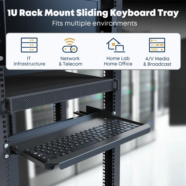 Alt view image 2 of 6 - 1U Rack Mount Keyboard Tray 9 1/4"-Deep - Sliding Keyboard Shelf for 19" Server Rack Cabinet, Universal Metal Pull-Out Rack Shelf with Smooth Slide Rails, Black