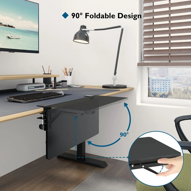 Alt view image 3 of 7 - Small Ergonomics Desk Extender Tray, 20x9.5 Inch Table Mount Arm Rest Shelf, 90° Foldable Keyboard Tray Platform, Clamp on Computer Arm Rest for Desk, Suitable for Office Desks, Black