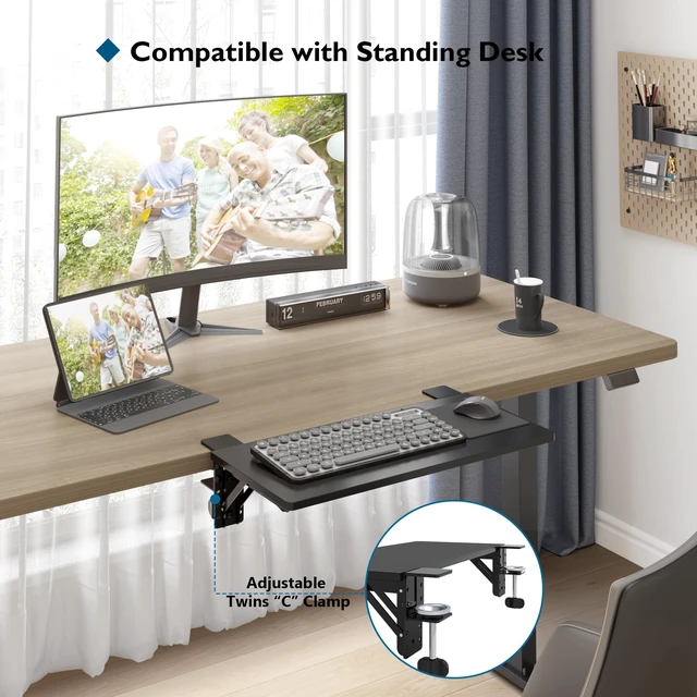 Alt view image 6 of 7 - Small Ergonomics Desk Extender Tray, 20x9.5 Inch Table Mount Arm Rest Shelf, 90° Foldable Keyboard Tray Platform, Clamp on Computer Arm Rest for Desk, Suitable for Office Desks, Black