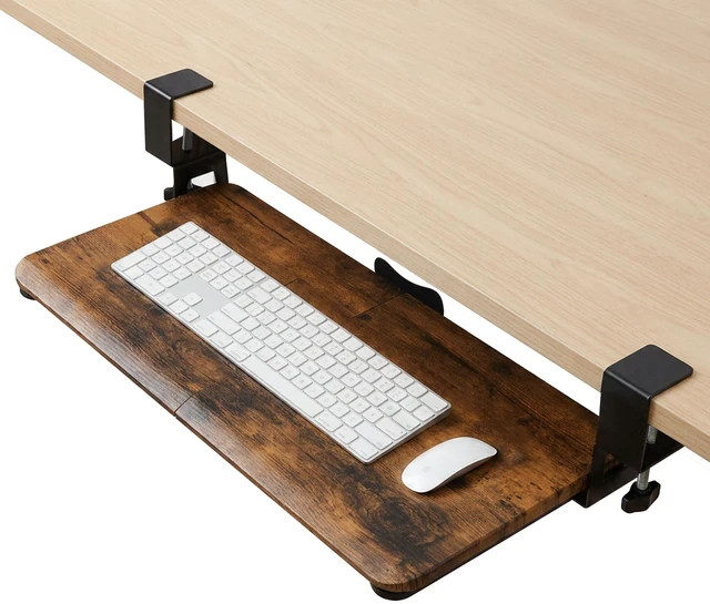 Main image of UnderDesk Clamp Keyboard Tray, 26.77" SlideOut Tray,Mahogany | Ergonomic design with smooth wrapped edge, spacesaving desk extender for home & office use