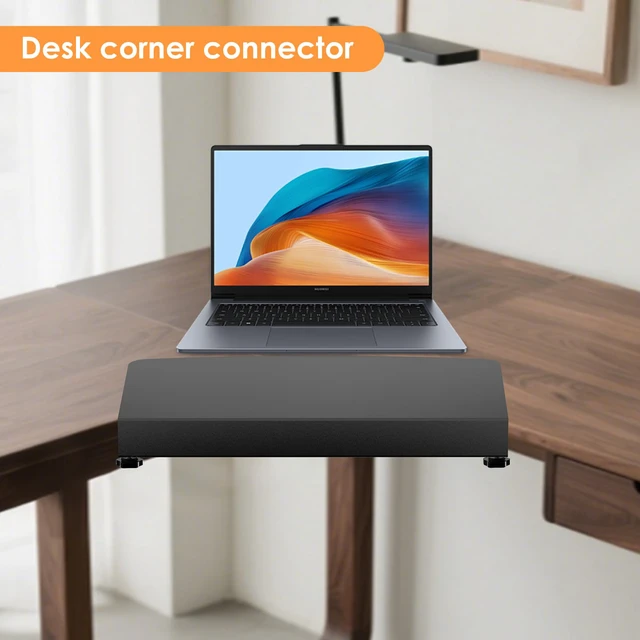 Alt view image 2 of 7 - 17 inch Clamp-on Corner Desk Connector Sleeve Plate, L Desk Platform Extender Attachment, Corner Desk mat - Black