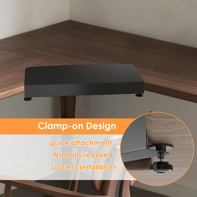 Alt view image 4 of 7 - 17 inch Clamp-on Corner Desk Connector Sleeve Plate, L Desk Platform Extender Attachment, Corner Desk mat - Black