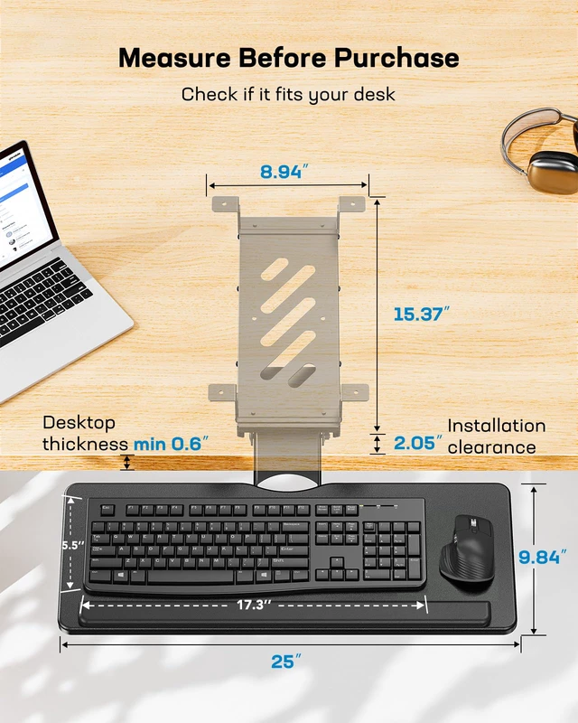 Alt view image 3 of 7 - Under Desk Keyboard Tray, 360 Degree Adjustable Mouse Platform | 25 x 9.84 inch tray, wrist rest, 6.3 inch height adjustment, slide-out design, tilt and swivel for typing comfort