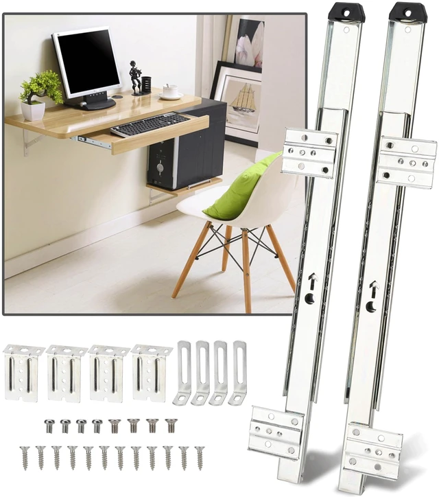 Main image of 14" Keyboard Slide Ball Bearing Slides Keyboard Tray Under Desk Rails Rack | Cabinet Furniture Drawer Hardware Accessories with Adjustable Height Bracket & L Extension Support Bracket (Silver)