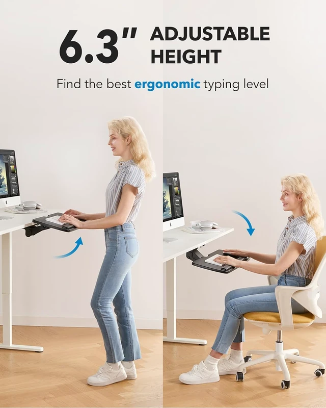 Alt view image 2 of 7 - Under Desk Keyboard Tray, 360 Degree Adjustable Mouse Platform | 25 x 9.84 inch tray, wrist rest, 6.3 inch height adjustment, slide-out design, tilt and swivel for typing comfort