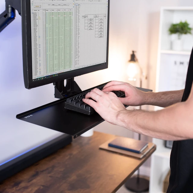 Alt view image 2 of 7 - Black VESA Mounted 26 x 8 in Keyboard Tray, MOUNT-KB03 | Computer Keyboard and Mouse Platform, VESA Keyboard Mount Attachment for Monitor Stands, Typing Comfort, Space Saving
